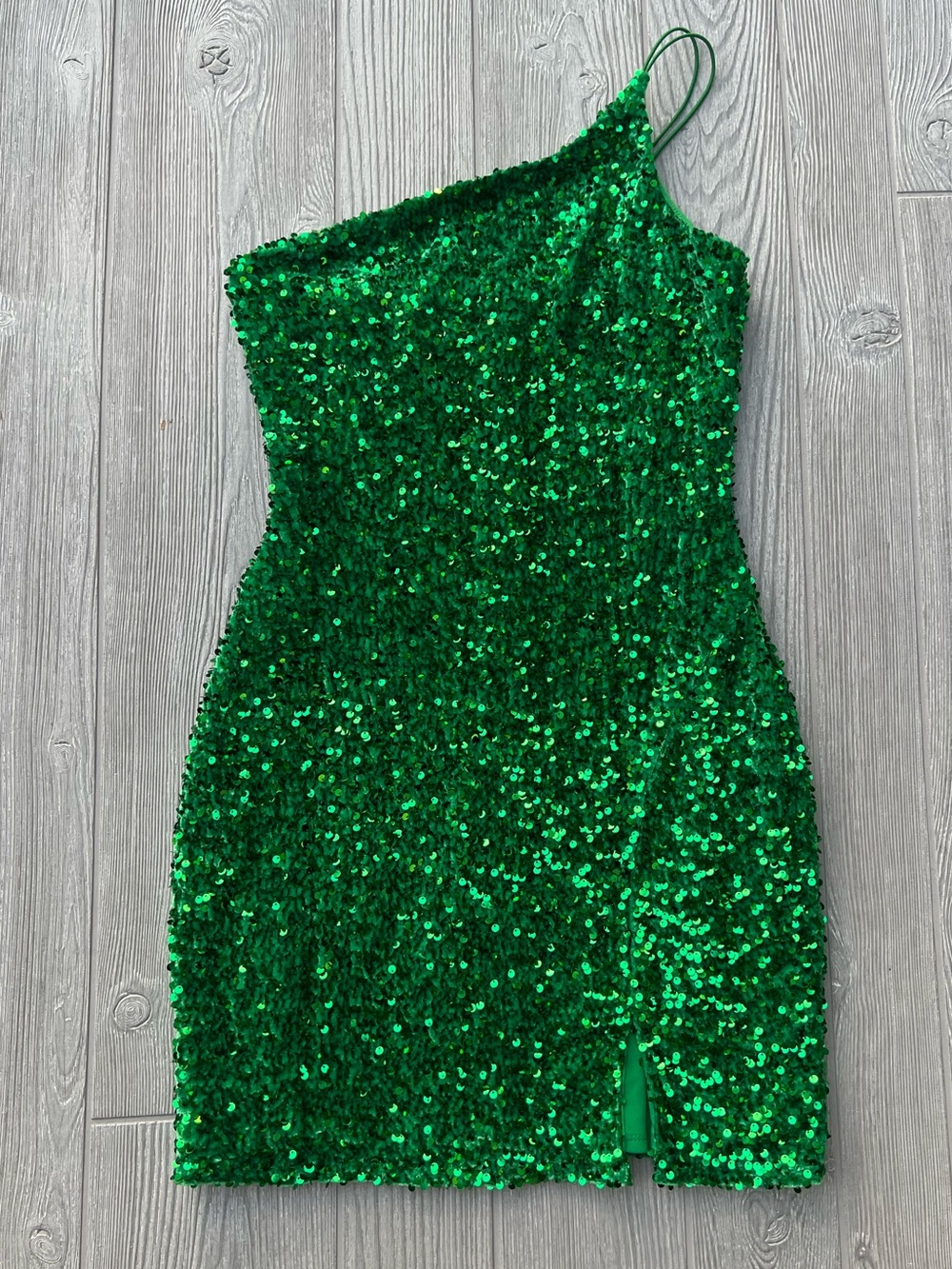 Midnight Doll Emerald Kelly Green Sequin One Shoulder Homecoming Mini Dress M